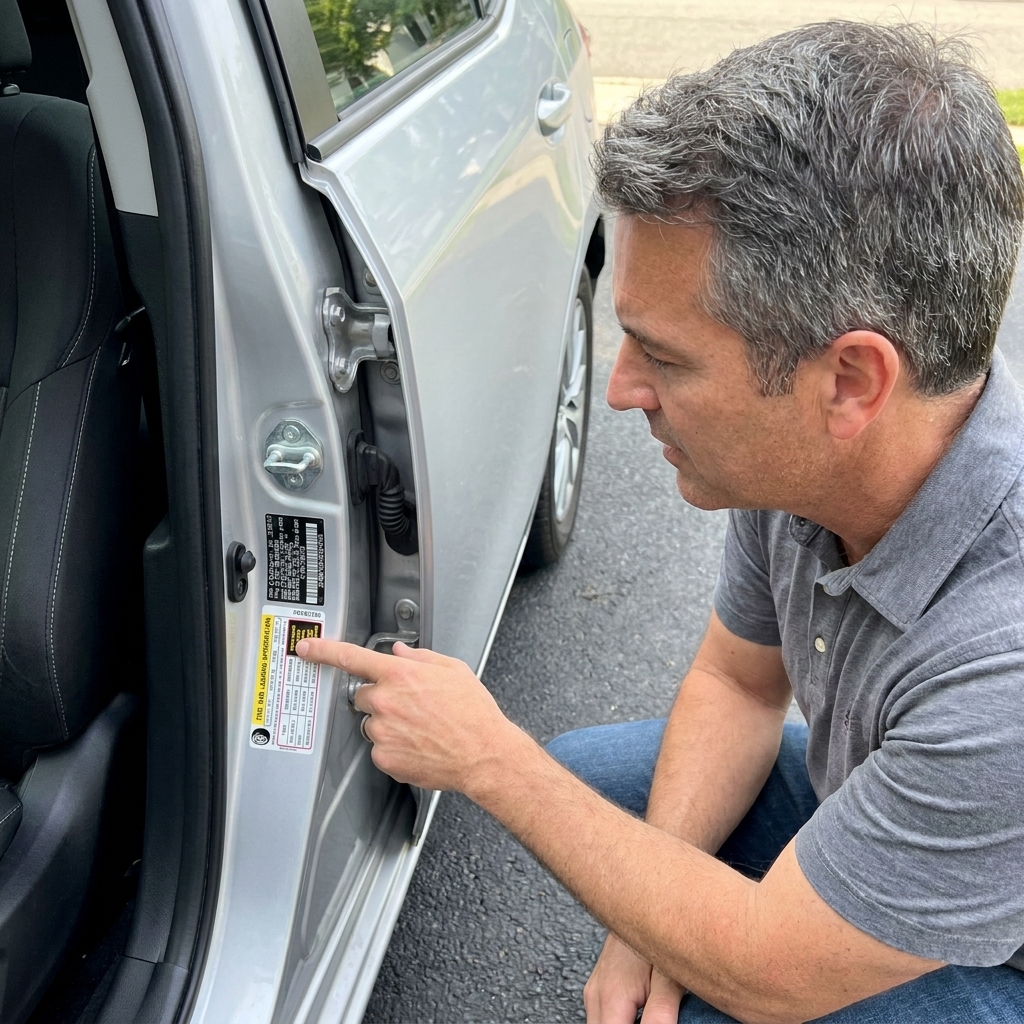 A driver-side door jamb showing the factory tire and loading information label
