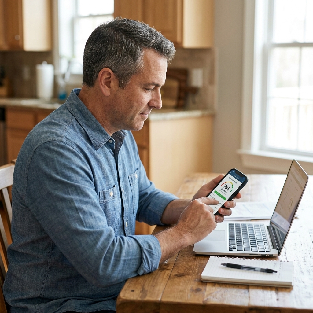 A driver sitting at a kitchen table checking their credit score on a smartphone next to a laptop and a notebook