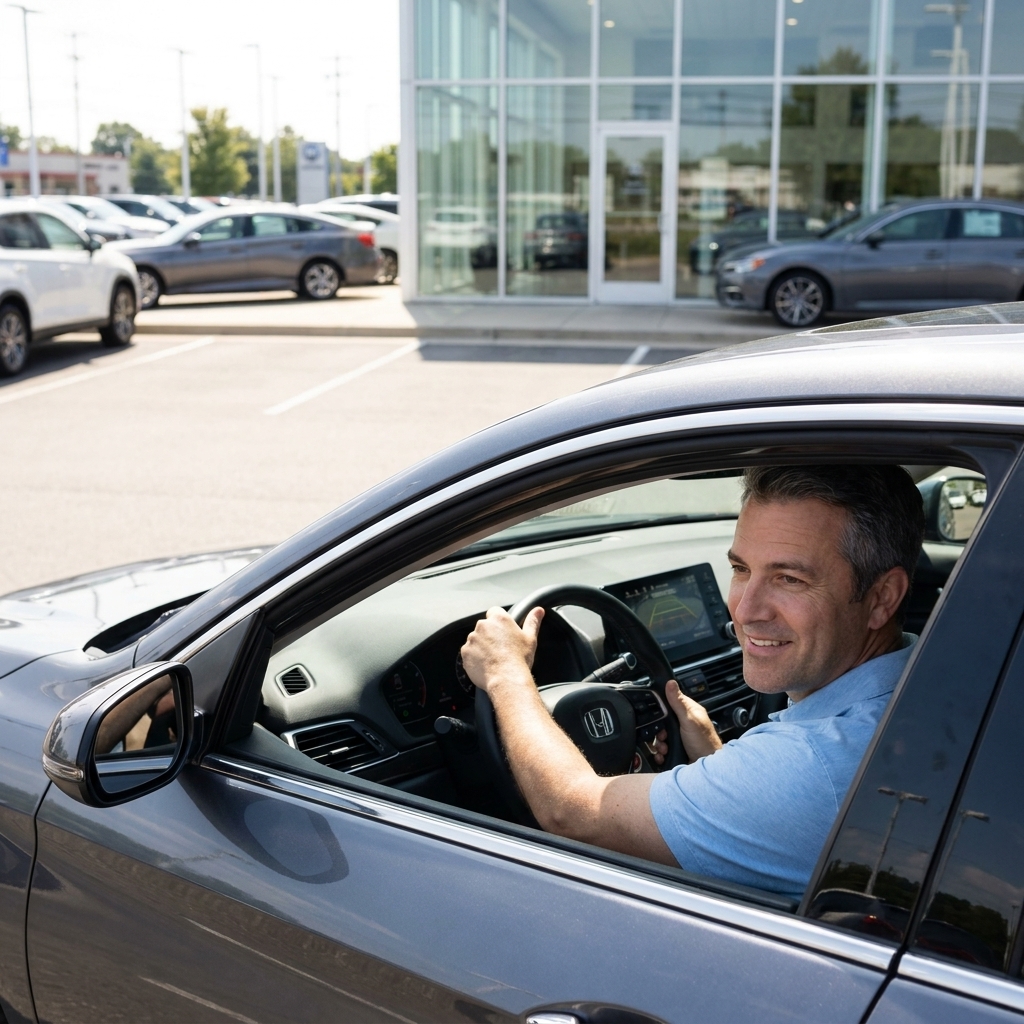 A driver slowly parking a sedan back into a space in a dealership lot during daylight