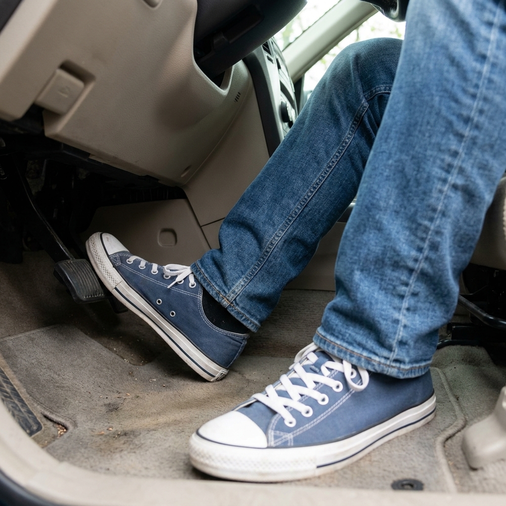 A driver wearing casual shoes pressing a car brake pedal firmly in the footwell