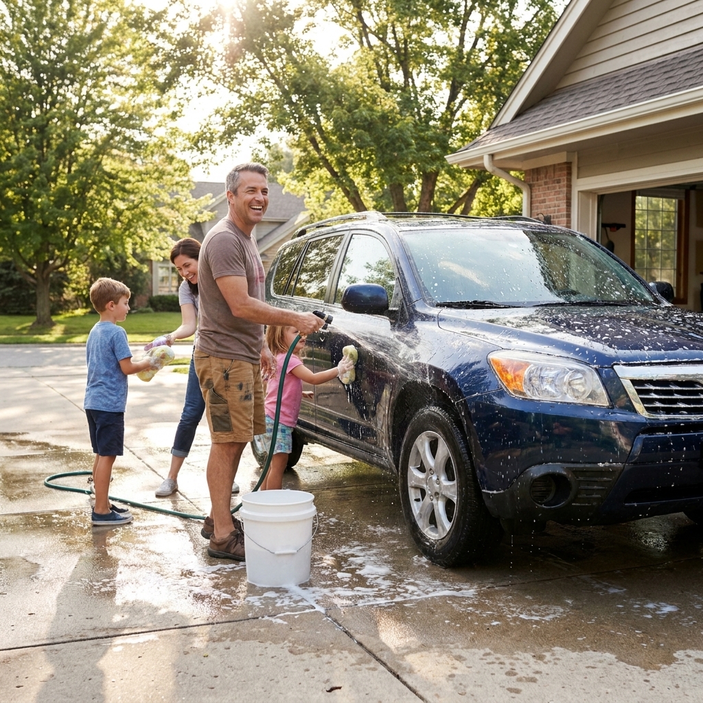 A family washes a used SUV in a suburban driveway with a bucket and hose on a sunny afternoon.