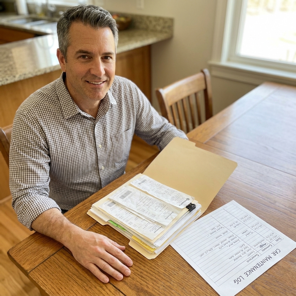 A folder on a kitchen table containing organized car maintenance receipts and a handwritten maintenance summary sheet