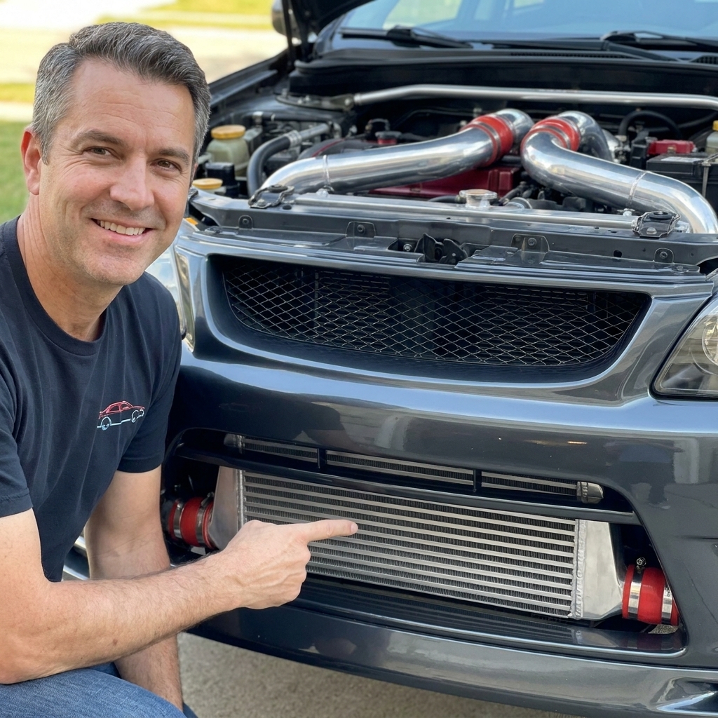 A front-mounted intercooler installed behind the grille of a performance car, with aluminum charge pipes routed toward the engine bay