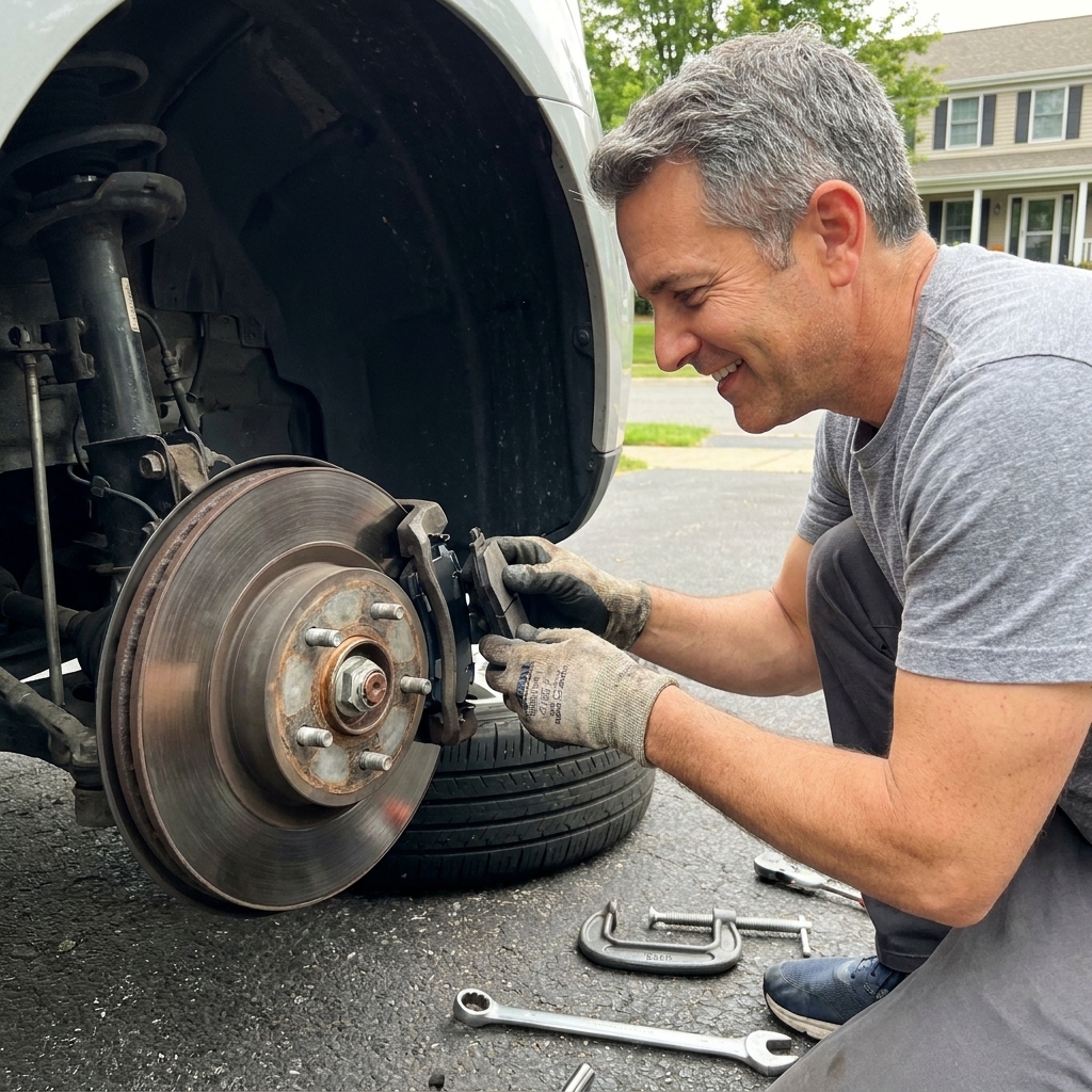 A front wheel removed with the brake rotor and caliper visible as a person installs new brake pads on the caliper bracket in a driveway
