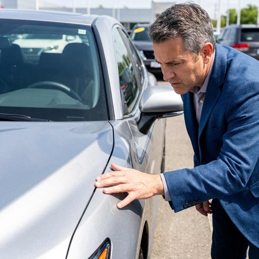 A hand checking the panel gap between a car hood and fender in bright daylight