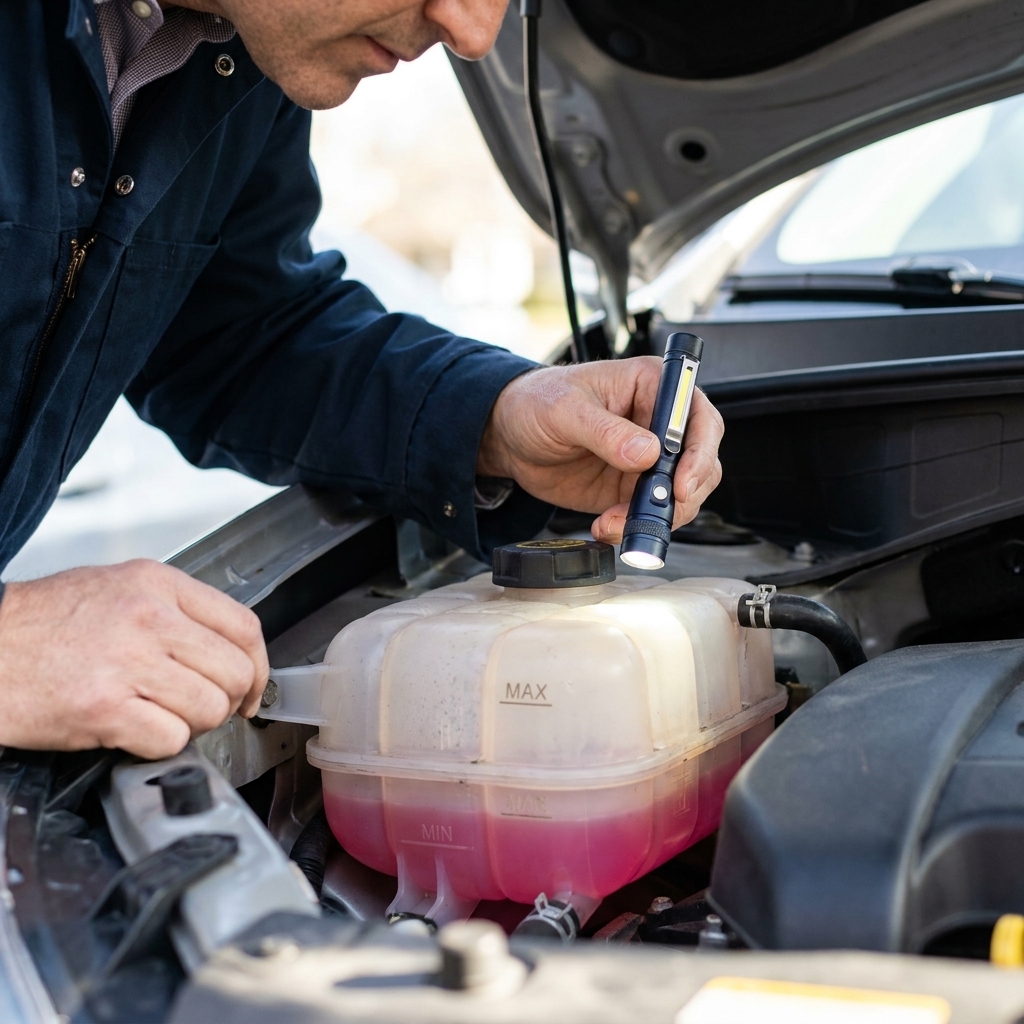 A hand holding a flashlight while checking the coolant level markings on a translucent coolant overflow reservoir under the hood