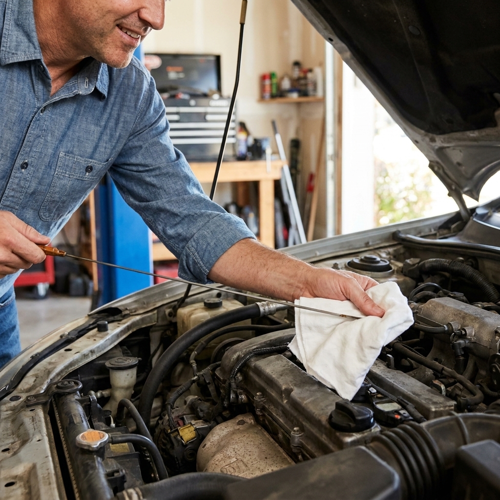 A hand pulling an engine oil dipstick from a four-cylinder engine while holding a clean shop rag