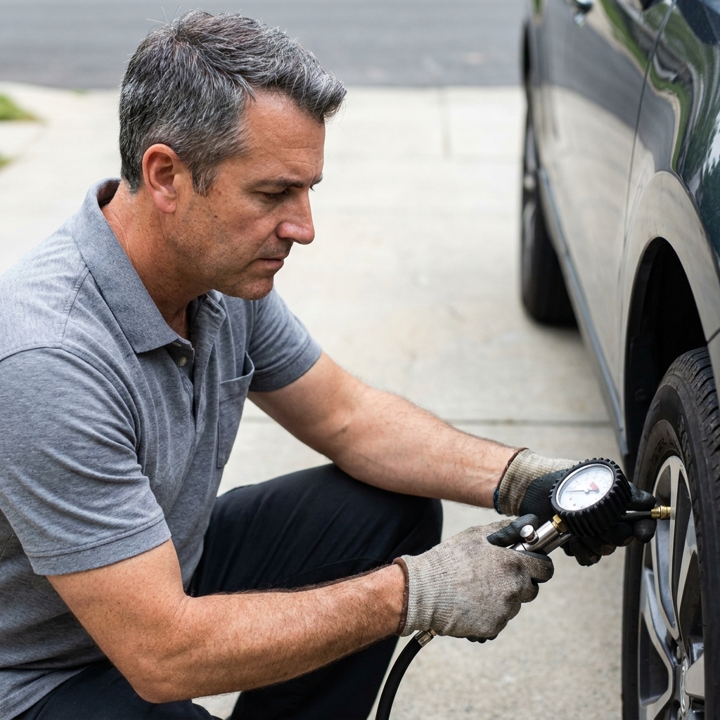 A hand using a tire pressure gauge on a car tire valve stem in a driveway