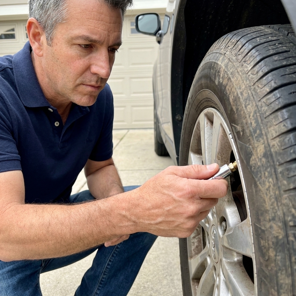 A hand using a tire pressure gauge on a car tire valve stem in a driveway