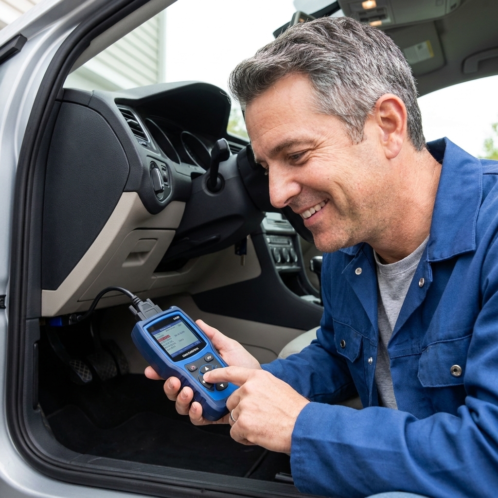 A handheld OBD2 scanner plugged into the diagnostic port under a car's dashboard near the steering column
