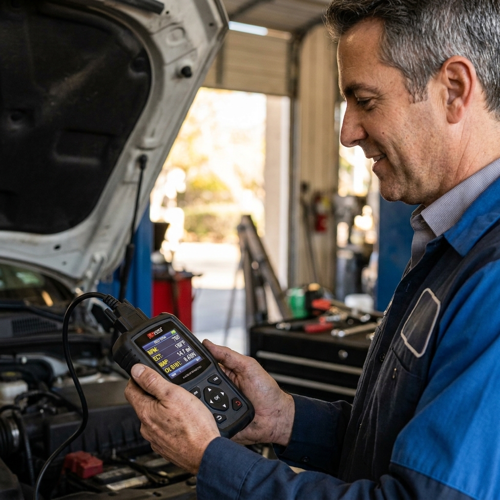 A handheld scan tool screen showing live engine data readings while connected to a vehicle
