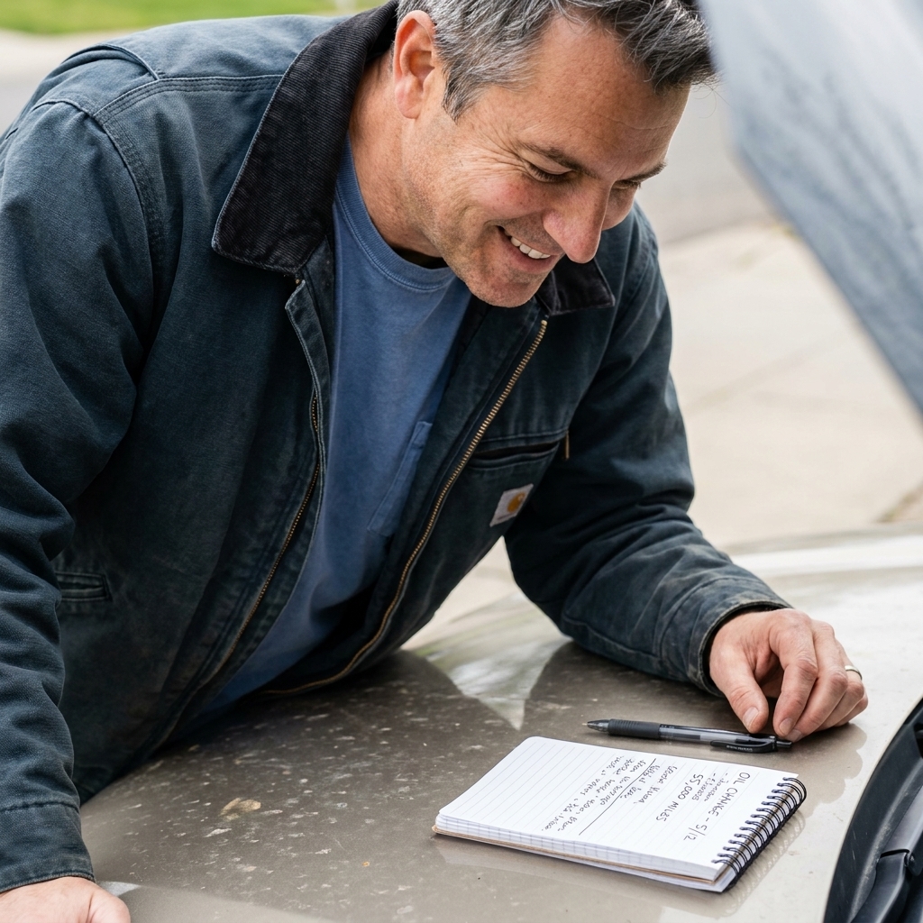 A handwritten car maintenance log in a small notebook resting on a car hood with a pen beside it
