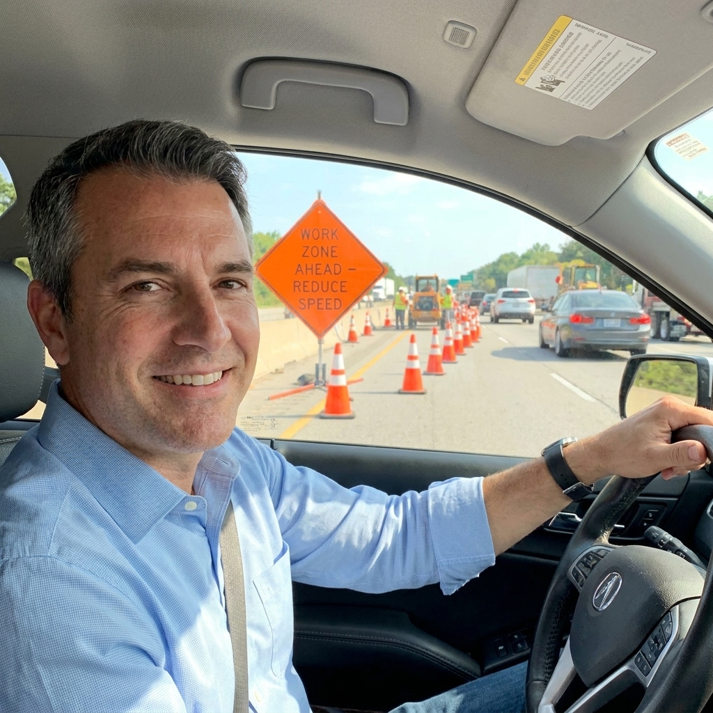 A highway work zone with orange cones guiding traffic through a narrowed lane, with reduced speed signage and vehicles moving steadily