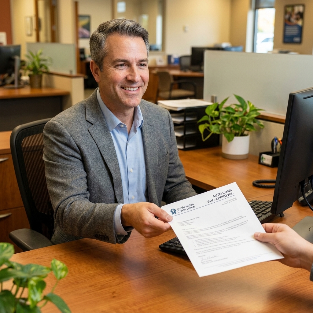 A loan officer at a credit union desk handing a customer a printed auto loan pre-approval letter