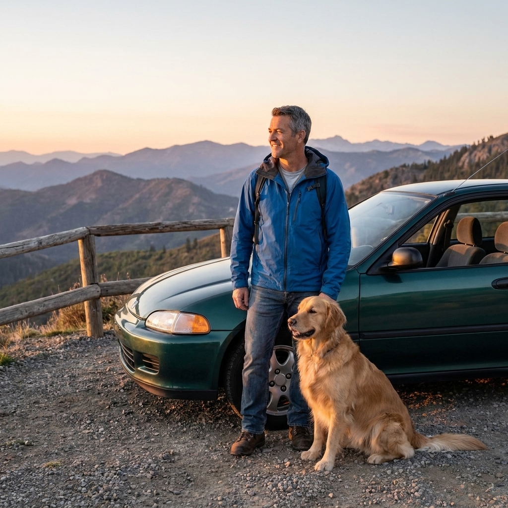 A man standing beside a parked car at a scenic mountain overlook with a dog sitting nearby.