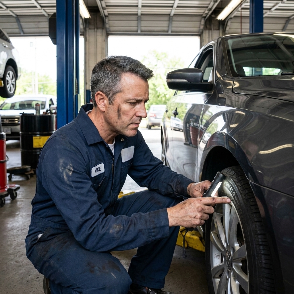 A mechanic crouching beside a car and inspecting the tire sidewall markings in a service bay