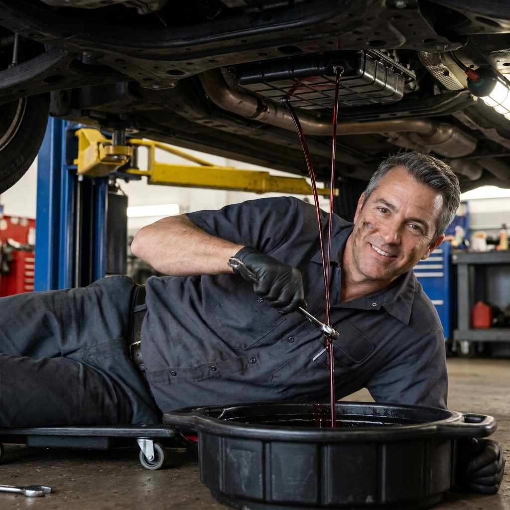 A mechanic draining automatic transmission fluid into a catch pan under a car on a lift