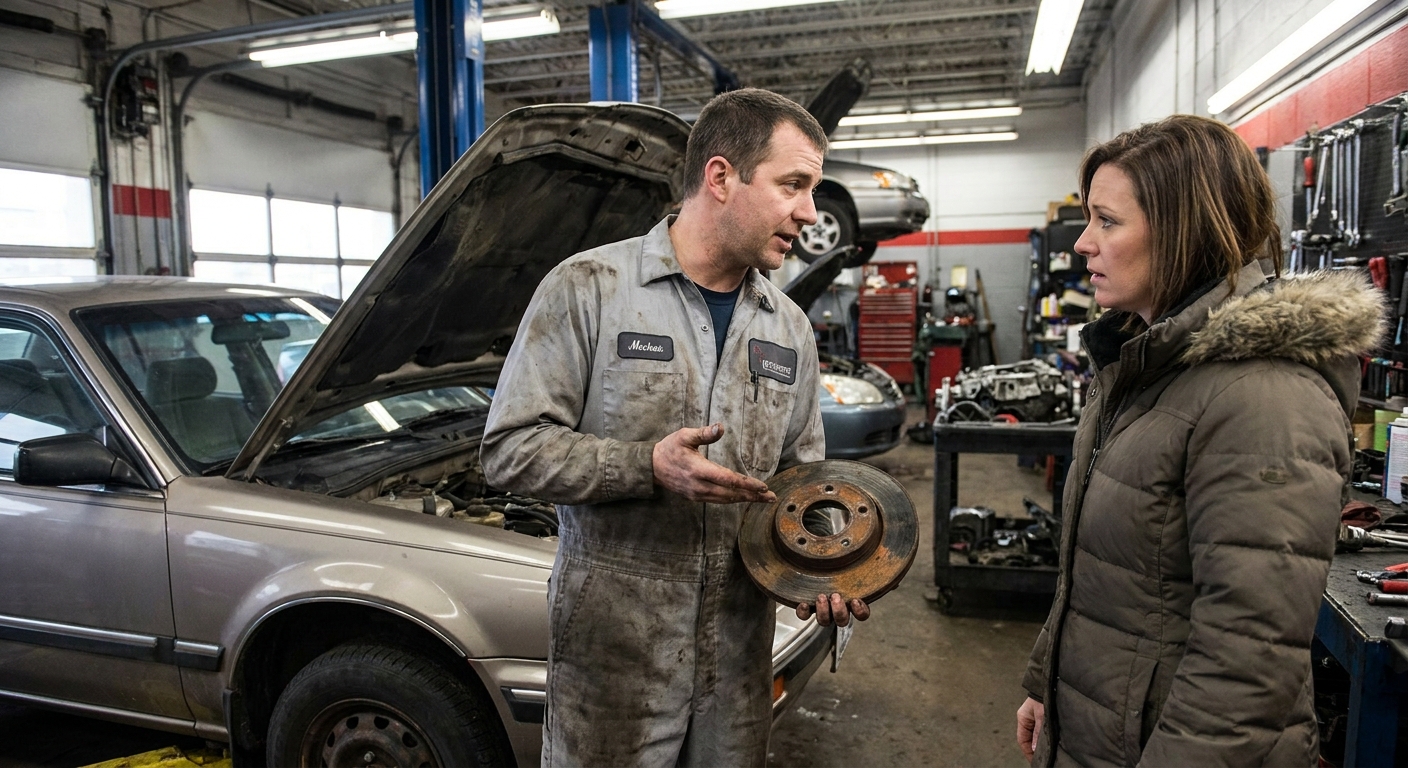 A mechanic in a repair bay showing a customer a worn automotive component near an open hood while explaining the issue