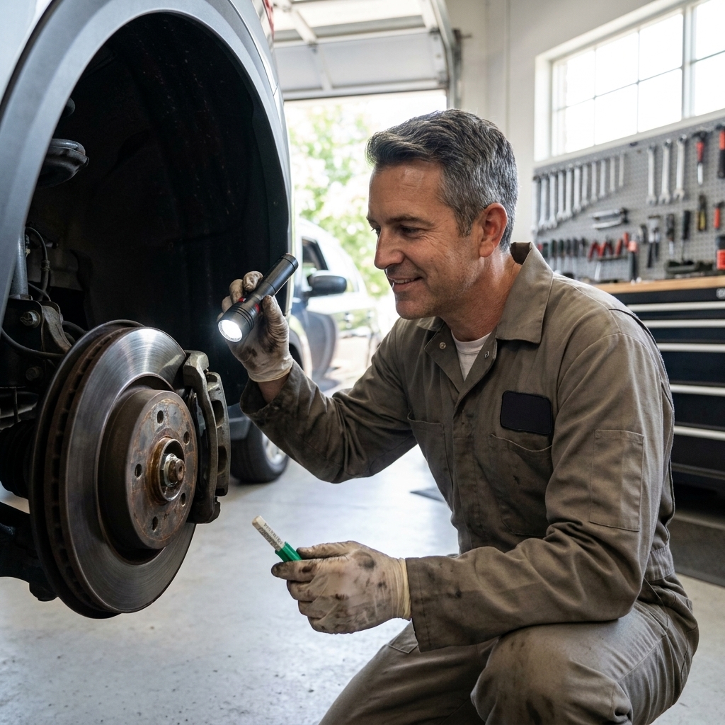 A mechanic inspecting a front brake rotor and caliper with the wheel removed in a clean garage