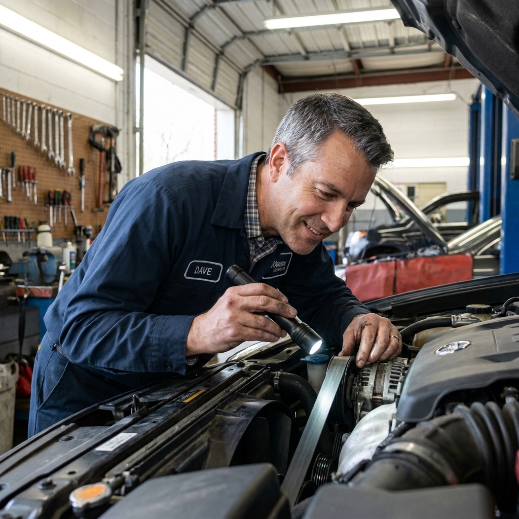 A mechanic inspecting a serpentine belt and tensioner at the front of an engine with a flashlight in a garage