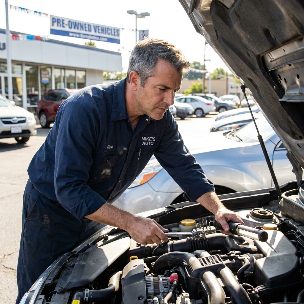 A mechanic inspecting a used car with the hood open on a dealership lot during daylight