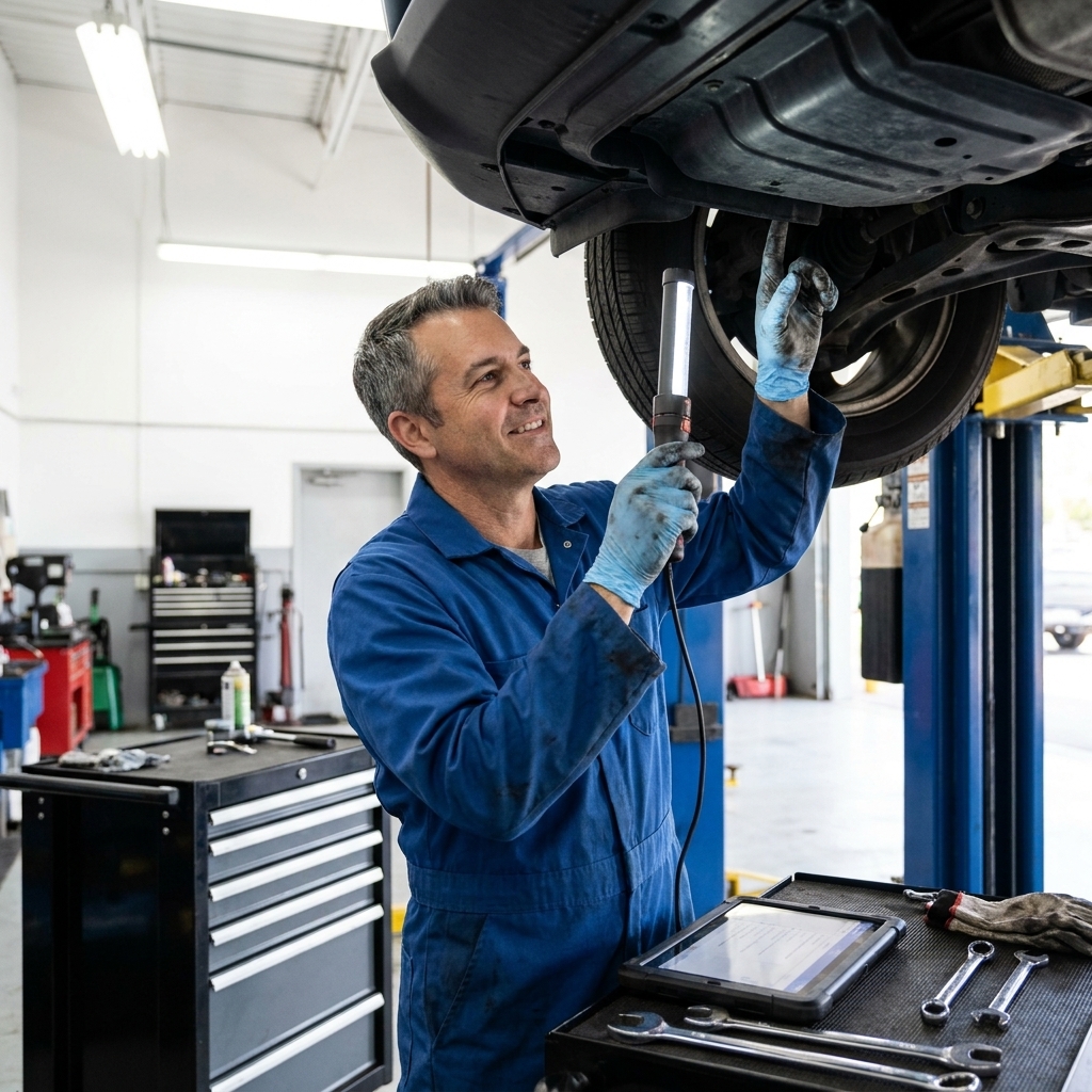 A mechanic inspecting a vehicle on a lift in a clean independent repair shop with tools and diagnostic equipment nearby