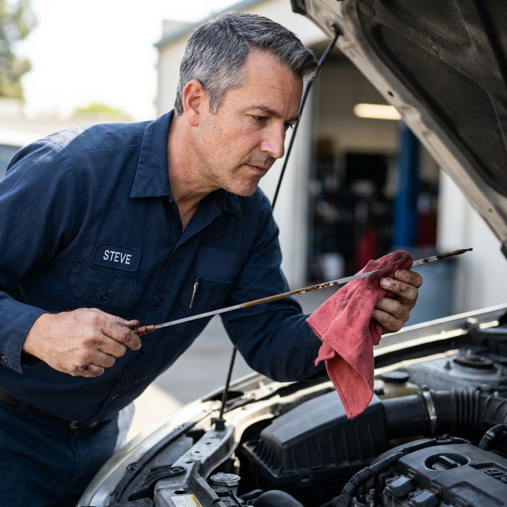 A mechanic pulls an oil dipstick from the engine bay and wipes it with a clean shop towel.