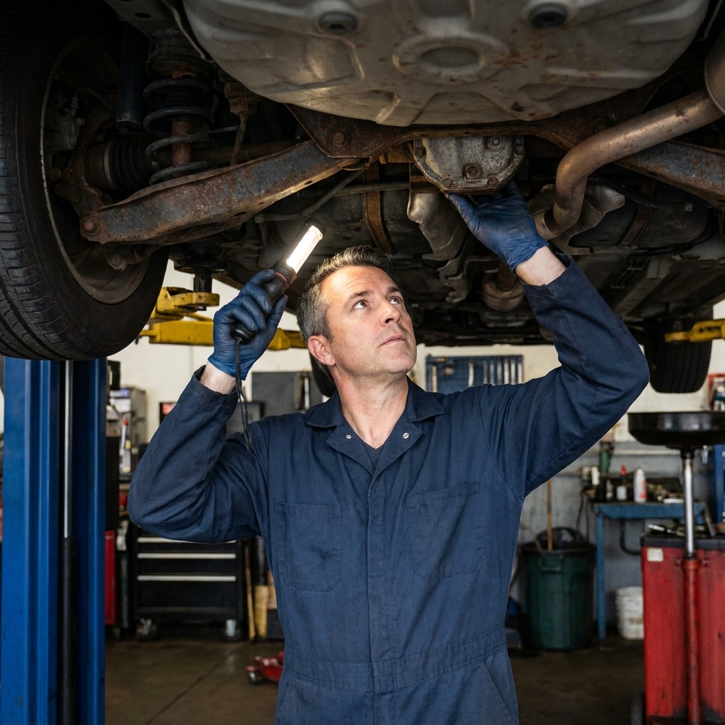 A mechanic using a flashlight to inspect the underside of a used car on a lift in an independent repair shop