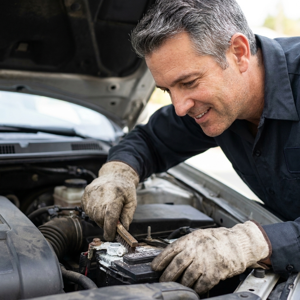 A mechanic wearing gloves cleaning corrosion off a car battery terminal with a small brush in an engine bay