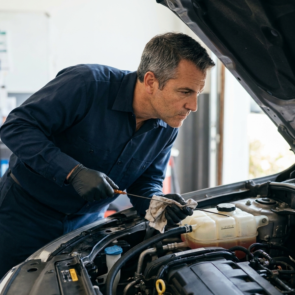 A person checking fluid levels under the hood, focusing on the coolant reservoir and dipstick