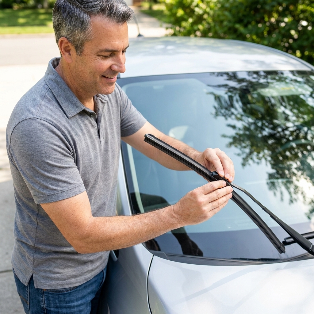 A person clipping a new windshield wiper blade onto the wiper arm with the hood and windshield visible in daylight