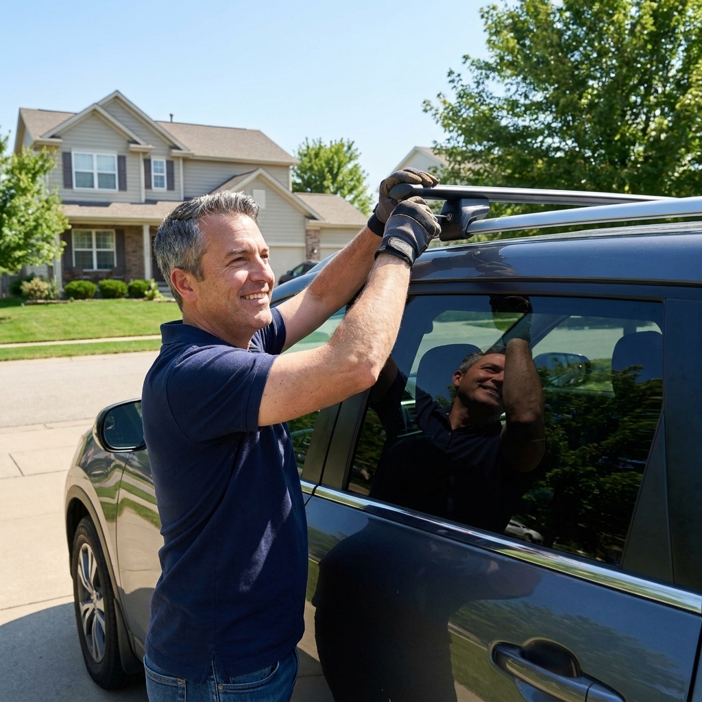 A person removing roof crossbars from a midsize SUV parked in a residential driveway on a clear day