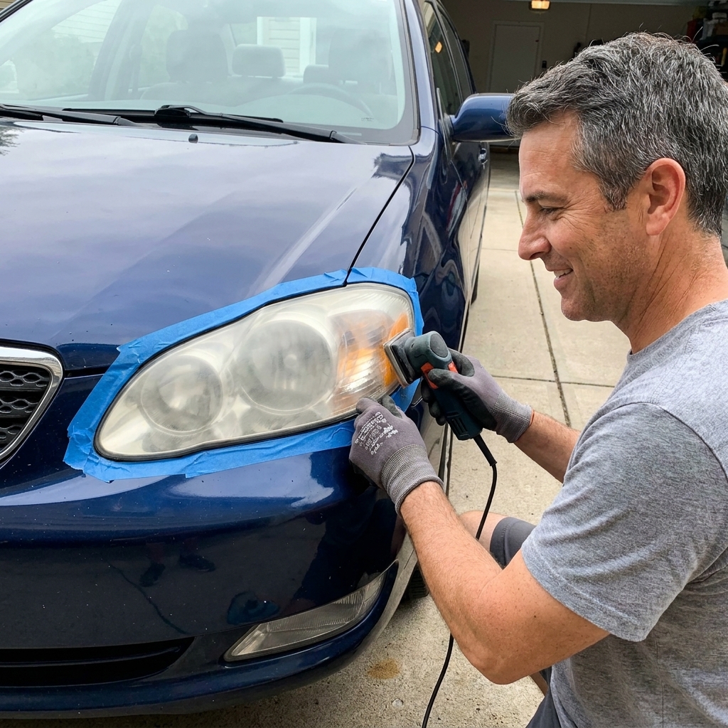 A person restoring a cloudy headlight on a sedan using a headlight restoration kit, with masking tape around the lens