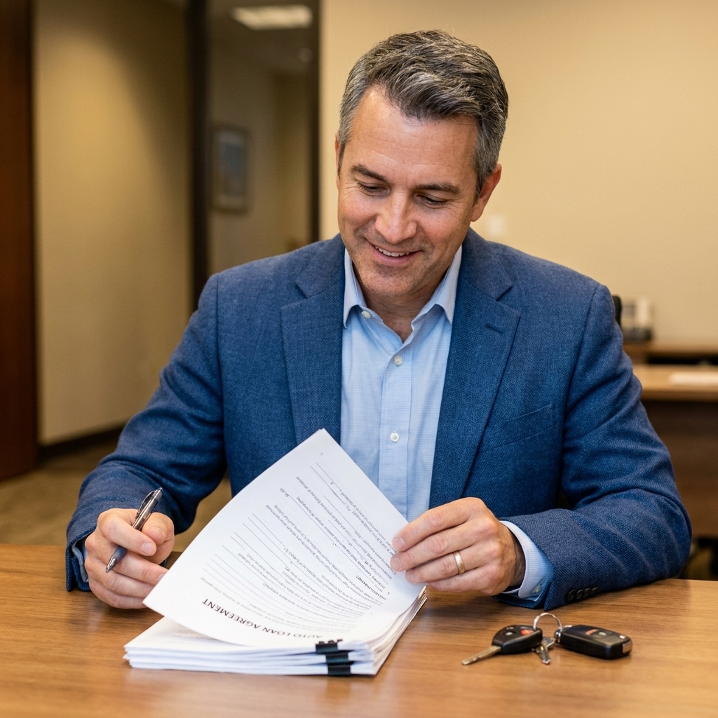 A person reviewing auto loan paperwork with a pen next to a set of car keys on a table