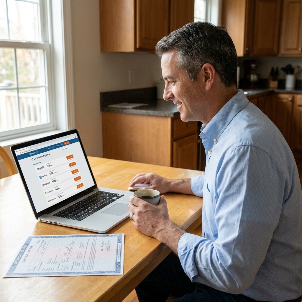 A person sitting at a kitchen table using a laptop to compare car insurance quotes with a vehicle title document nearby