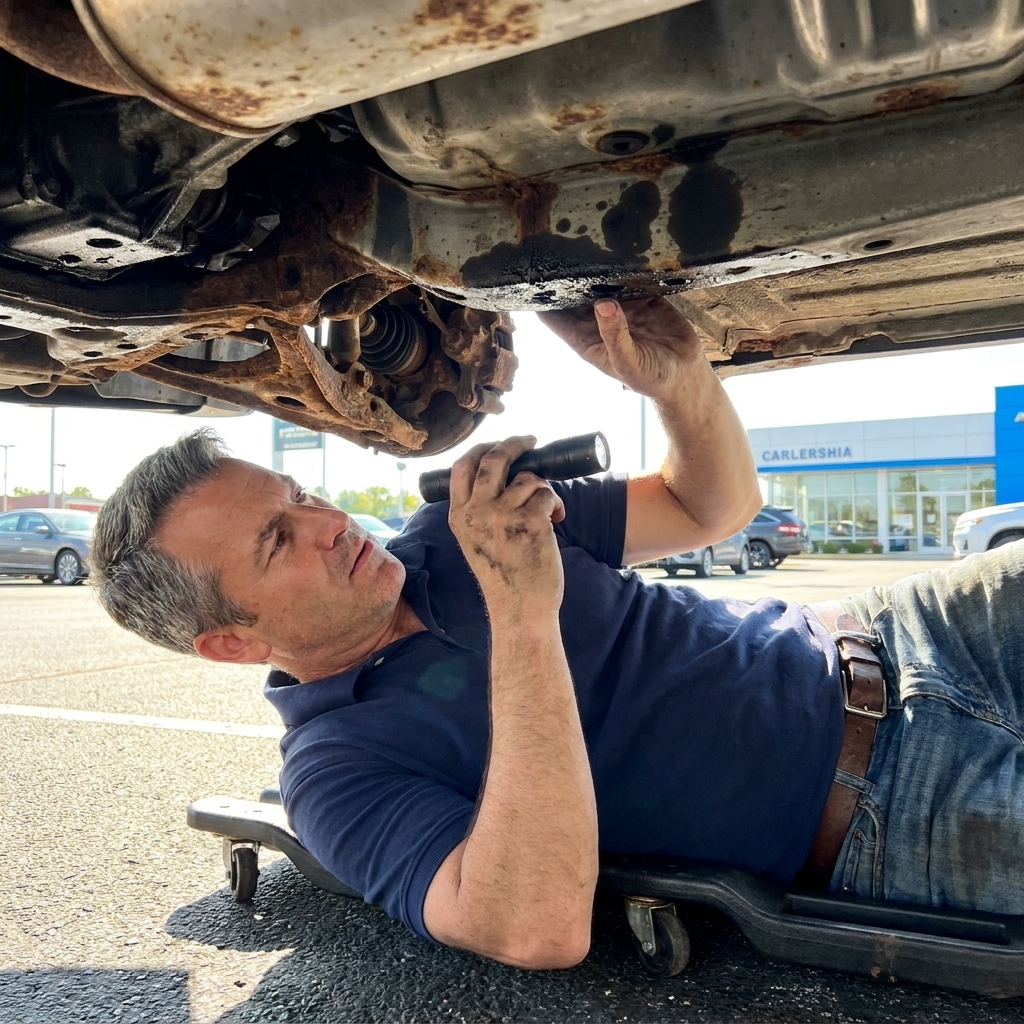 A person using a flashlight to inspect the undercarriage of a used car for rust and fluid leaks on a sunny day