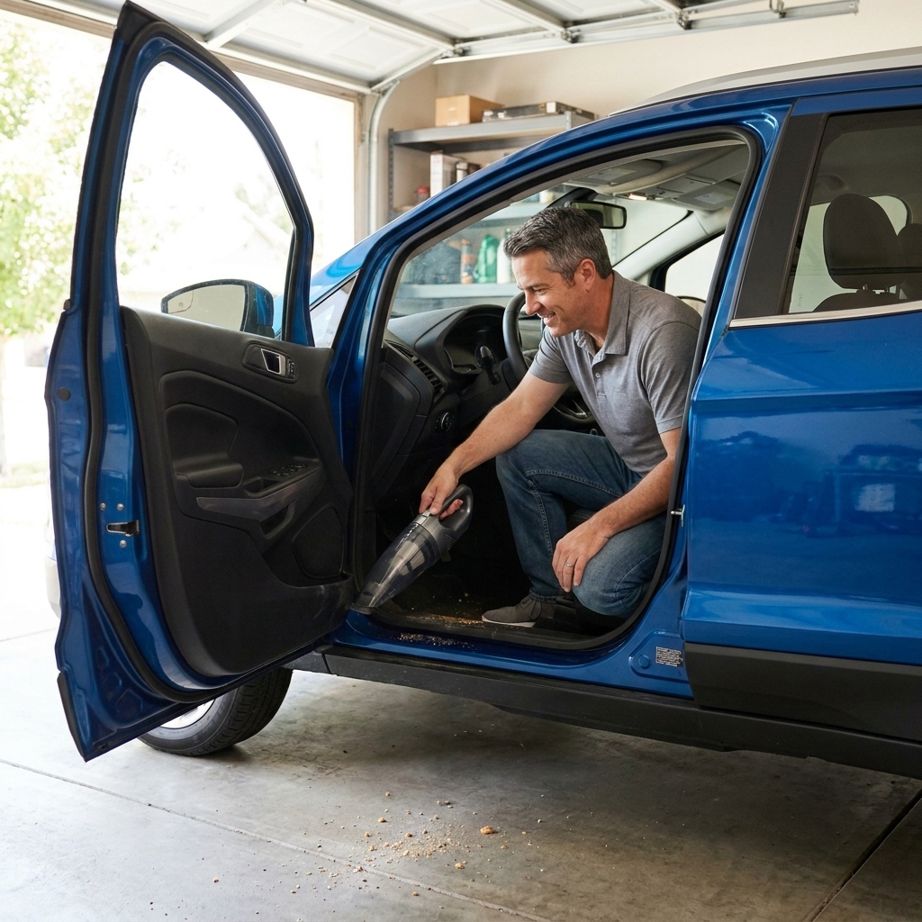 A person vacuuming the front footwell of a compact SUV with the floor mat removed in a bright garage