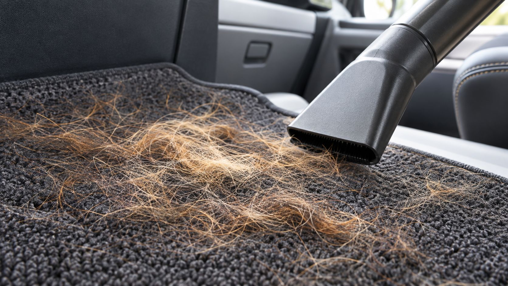 A person vacuuming the front footwell of a modern sedan with the floor mat removed, natural daylight coming through the open driver door