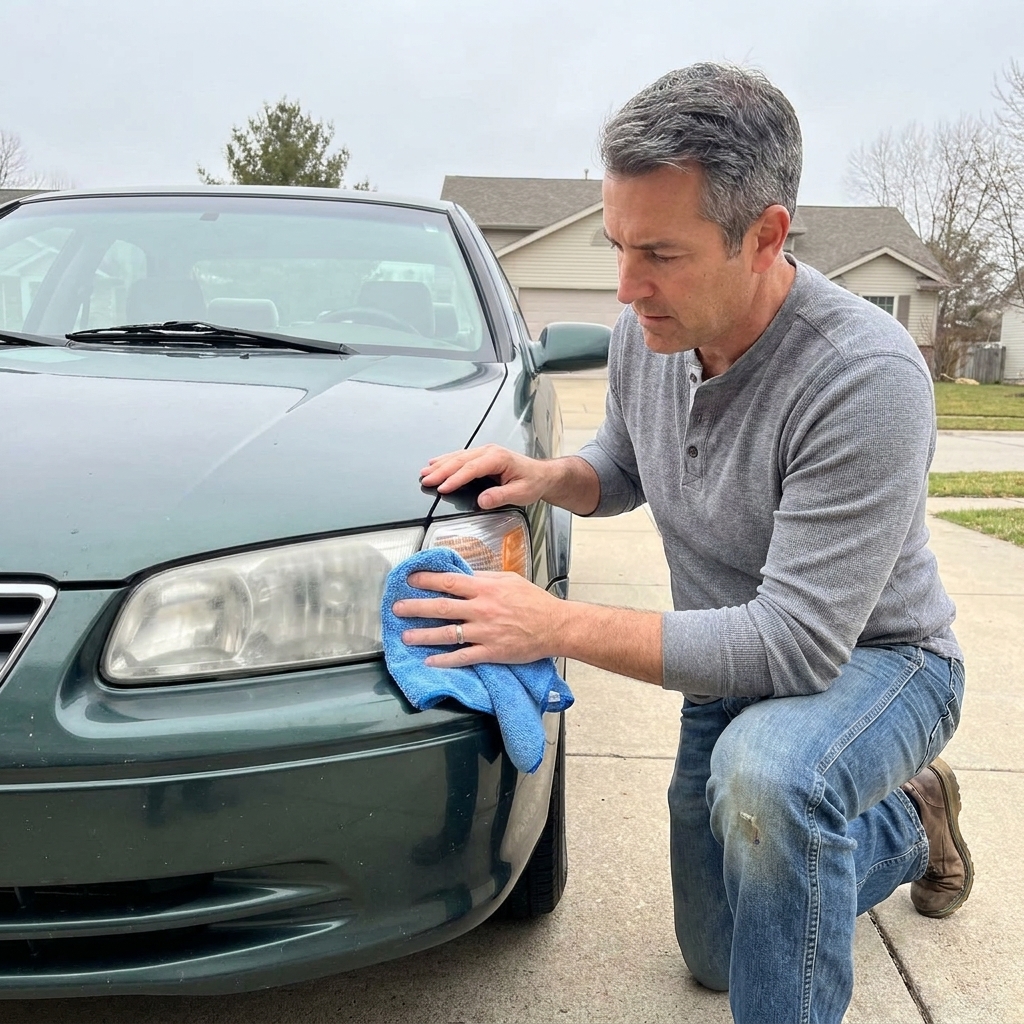 A person wiping a cloudy headlight lens with a microfiber towel on a car parked in a driveway on an overcast day