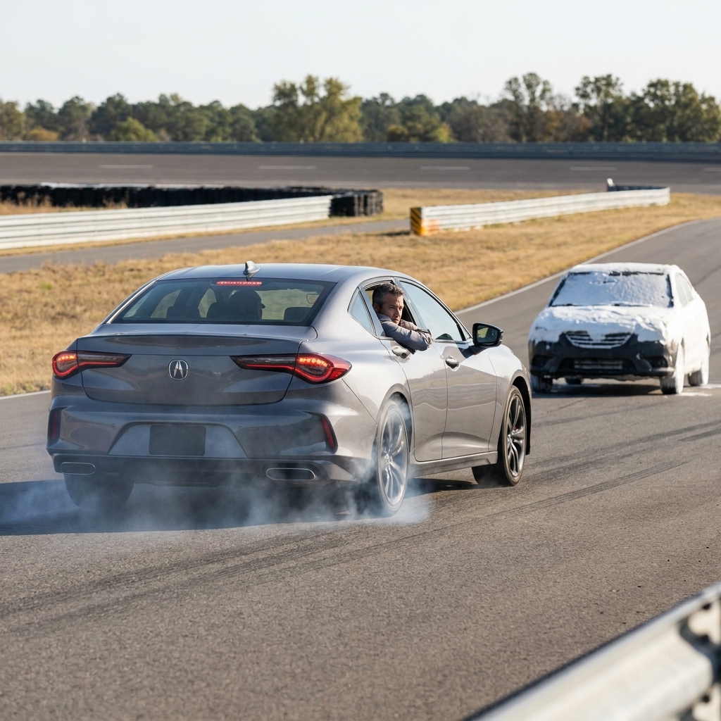 A photograph of a modern car braking hard on a closed test track as it approaches a stationary vehicle target under clear daylight