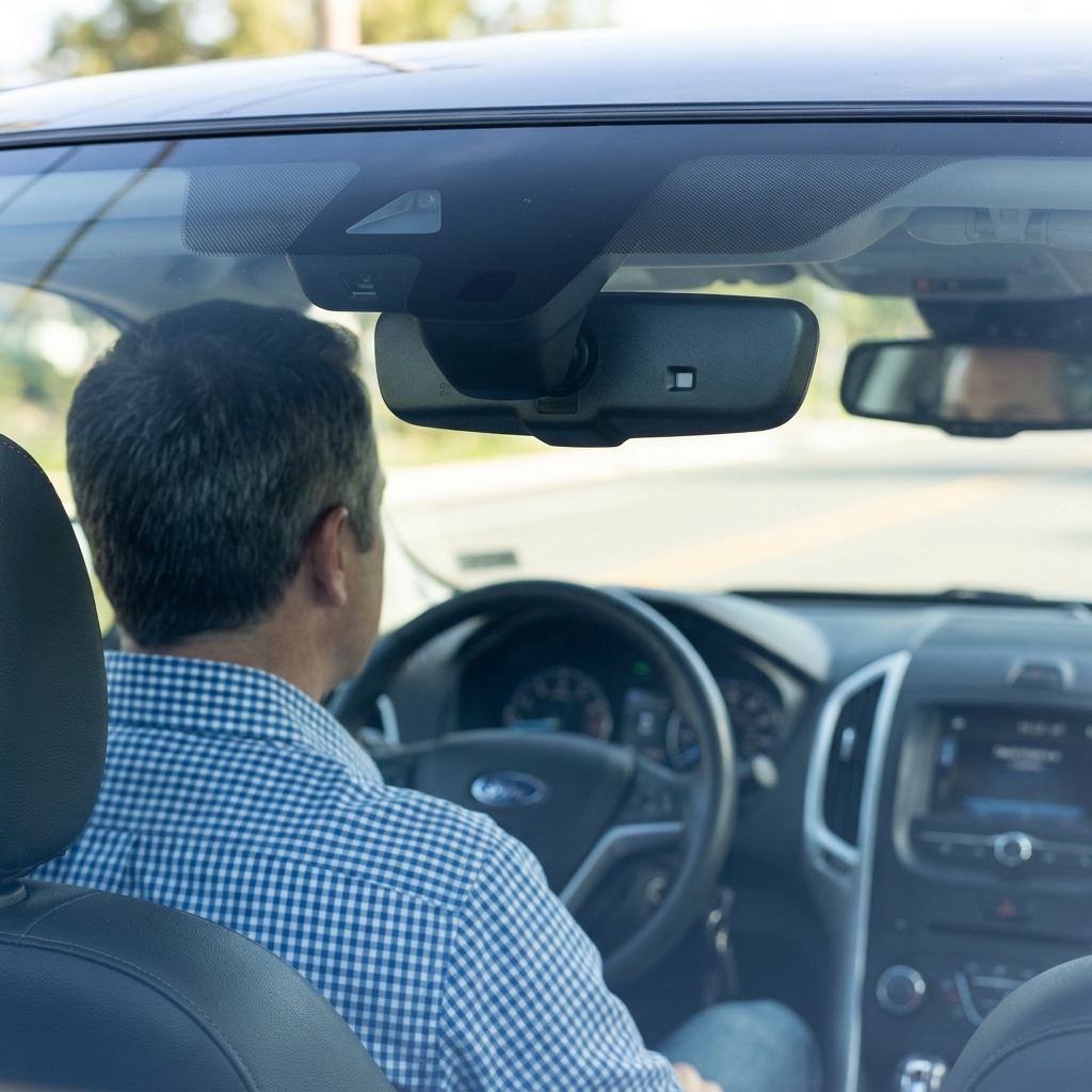 A photograph taken from inside a car showing the forward-facing camera and sensor module mounted behind the rearview mirror against the windshield