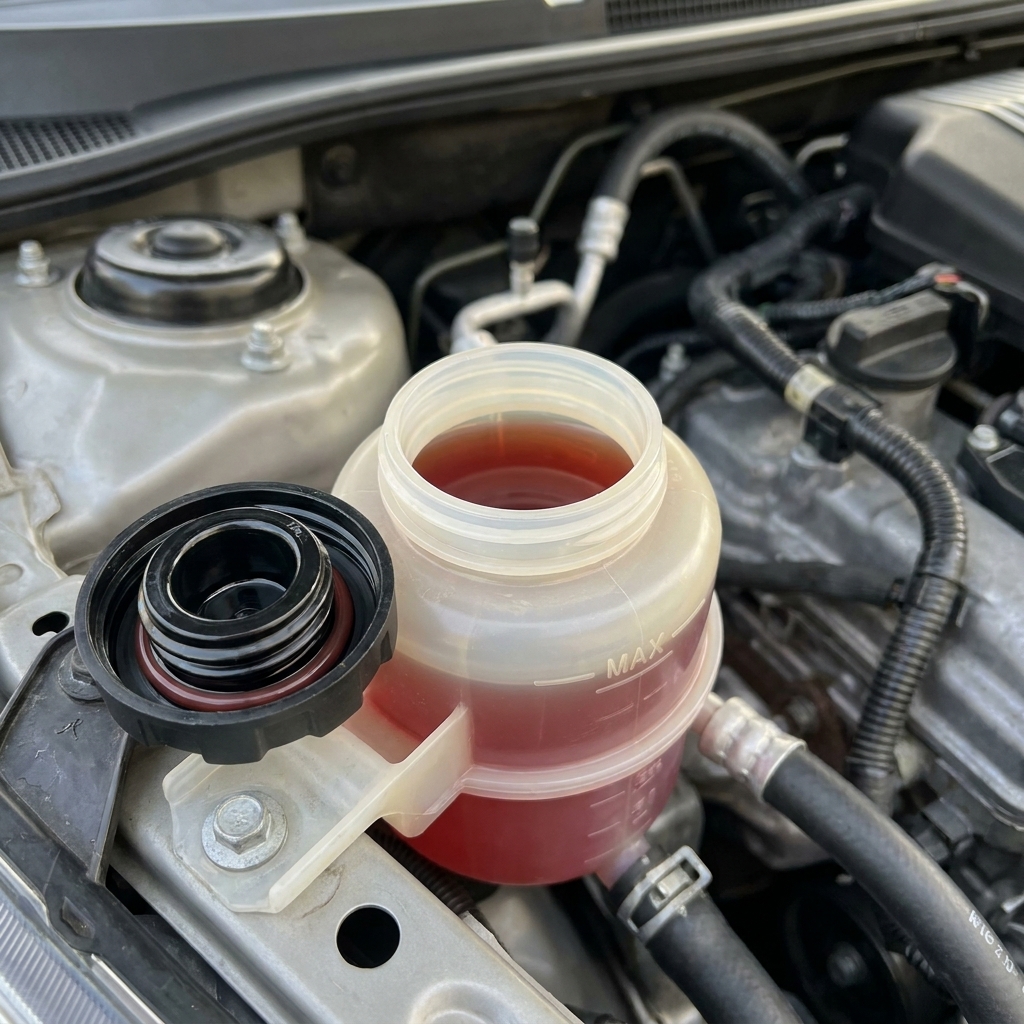 A power steering fluid reservoir in an engine bay with the cap removed, showing clean fluid inside