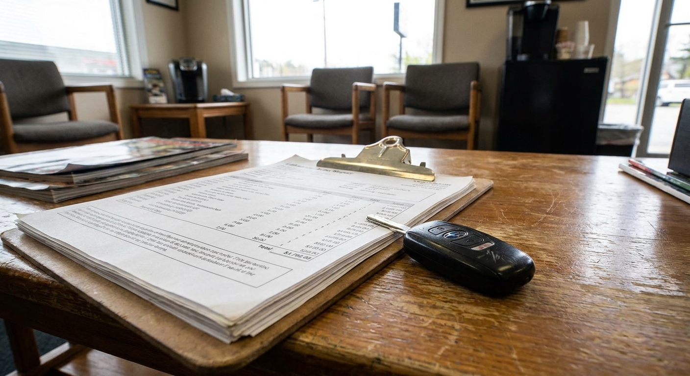 A printed multi-page auto repair estimate on a clipboard next to a car key fob on a shop waiting room table