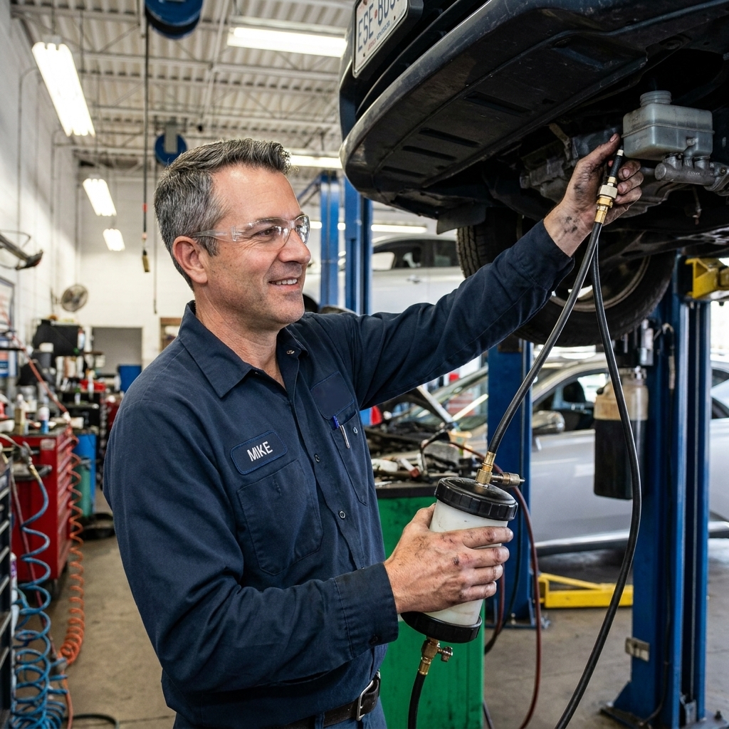 A professional mechanic in a repair shop using a pressure brake bleeder at the brake fluid reservoir while the car is on a lift