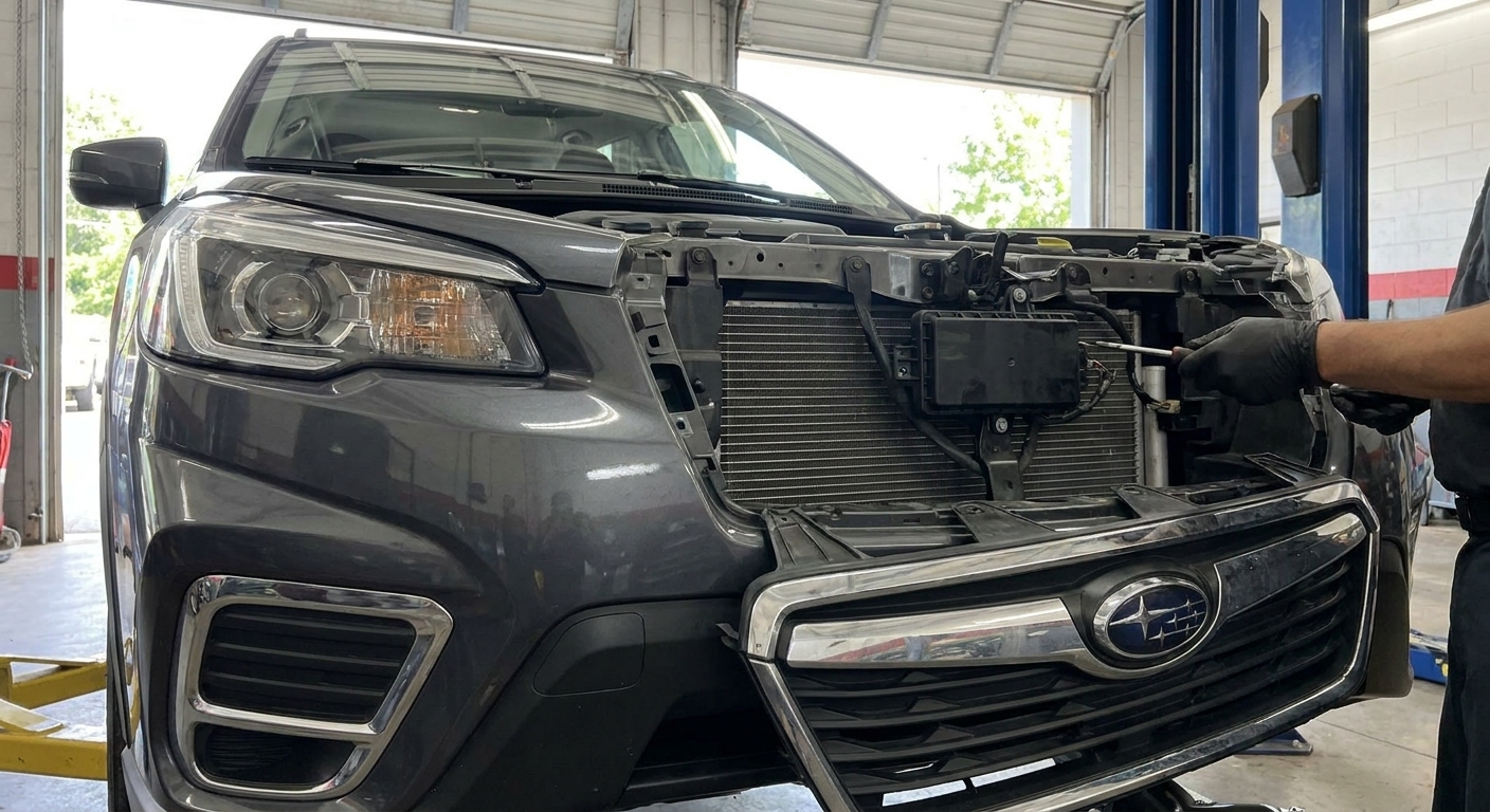 A real-world photo of a vehicle front grille partially removed, revealing a radar unit mounted to the front support structure