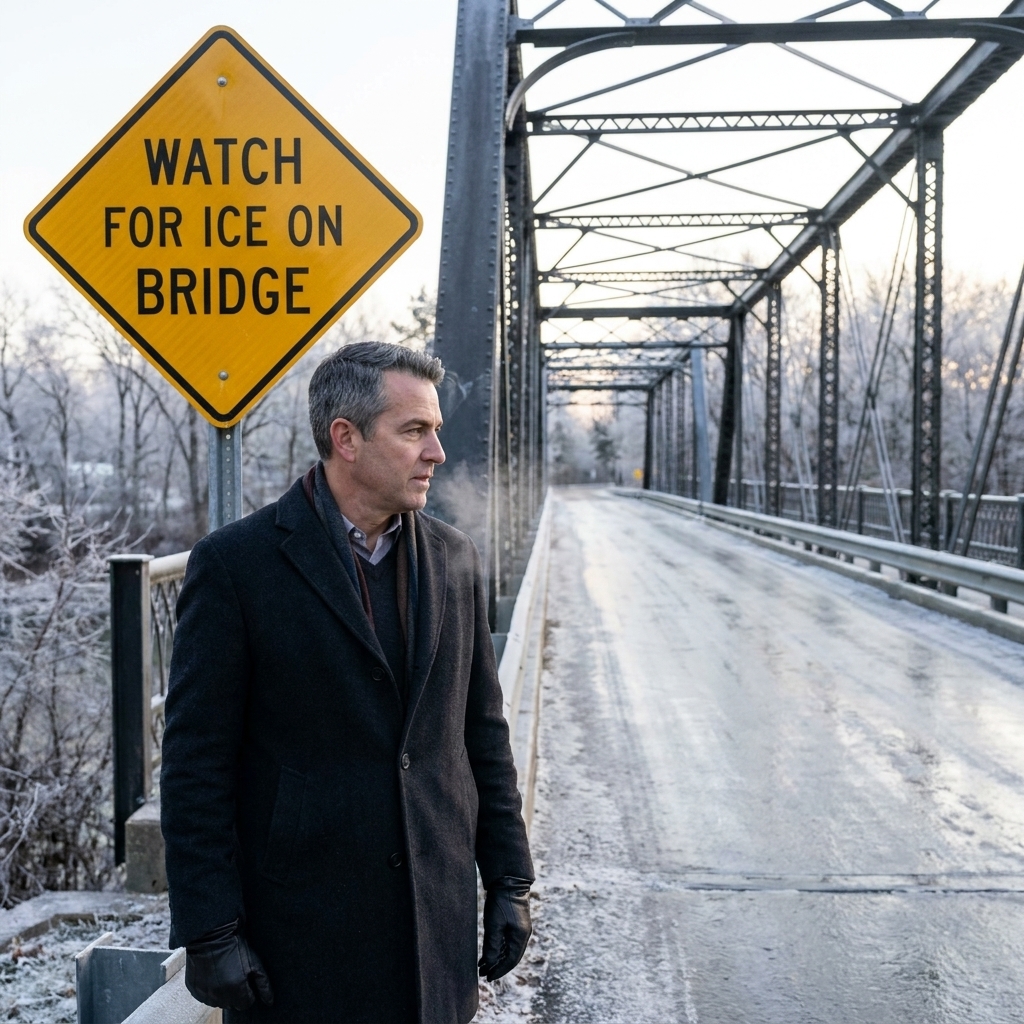 A road sign warning of ice on bridge near a bridge deck on a cold winter morning, with a thin sheen visible on the pavement