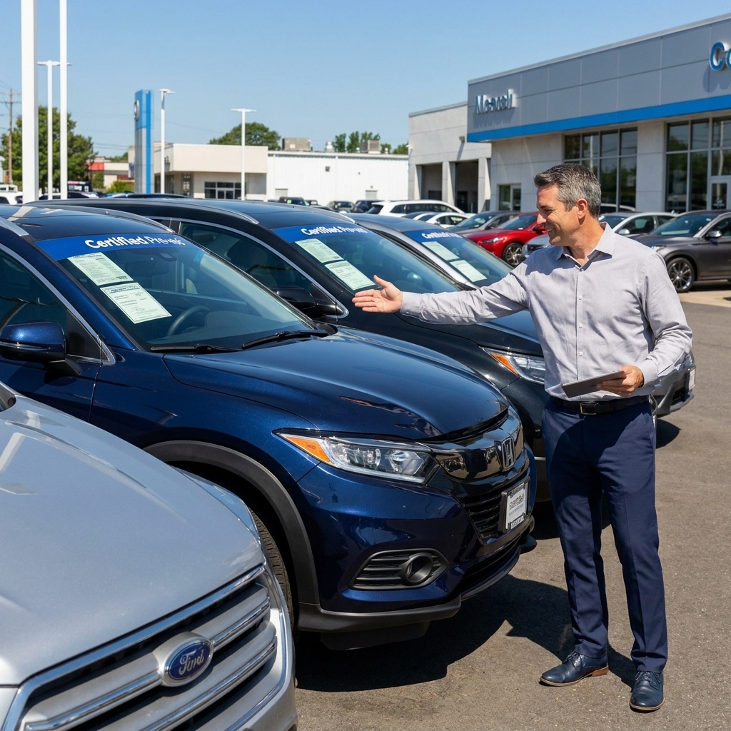 A row of late-model certified pre-owned vehicles parked on a dealership lot on a clear day with window stickers visible