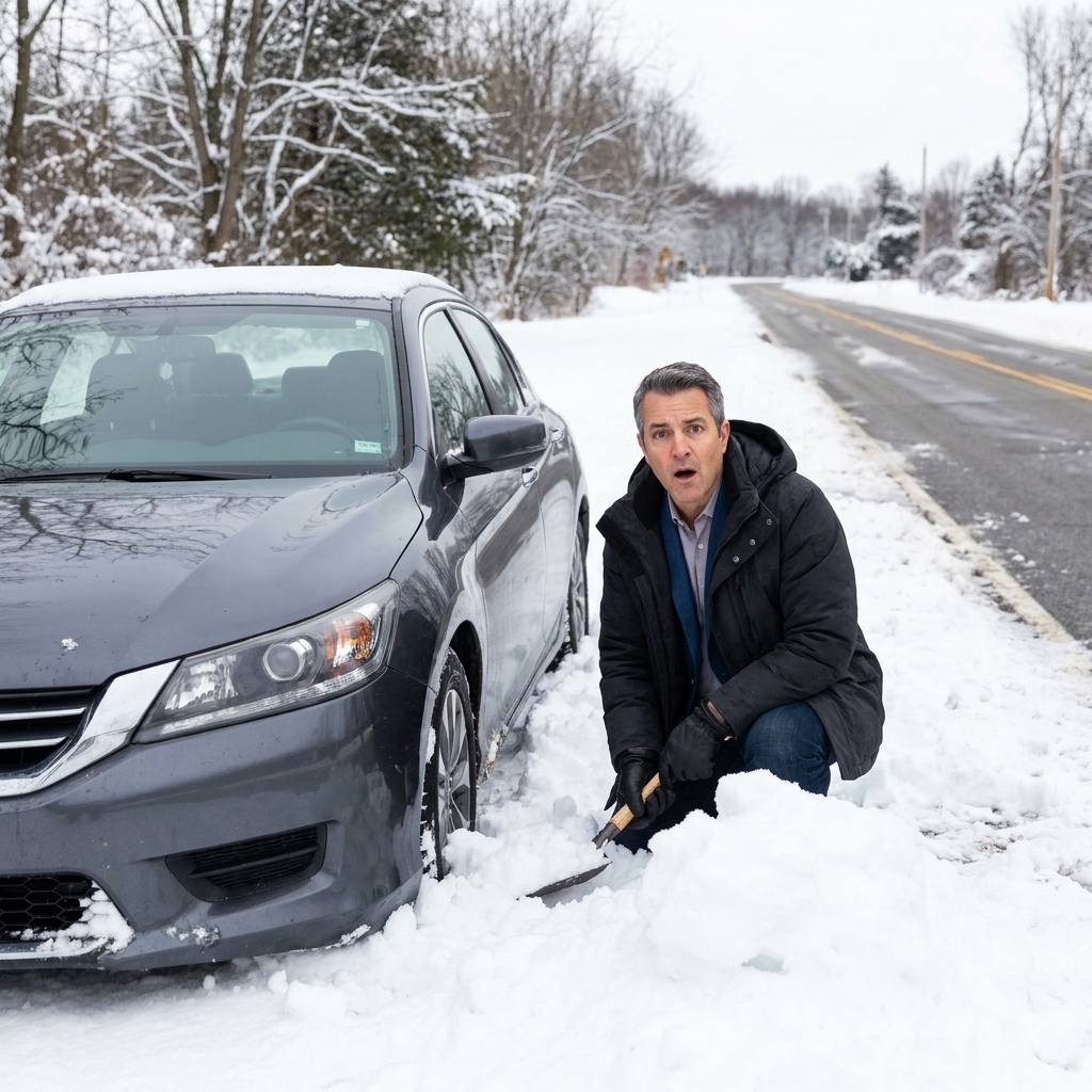 A sedan partially stuck in deep snow on the shoulder of a rural road during daylight, with snow piled around the tires