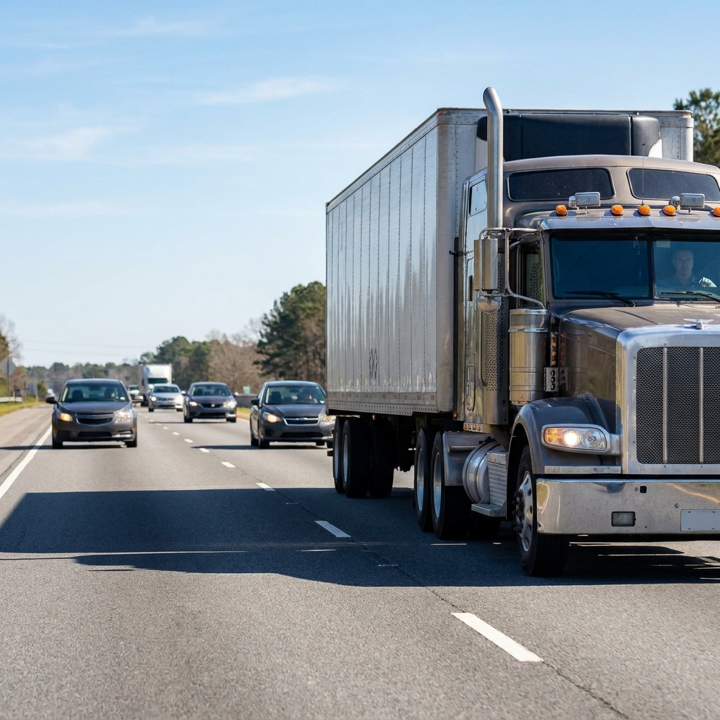 A semi truck traveling in the right lane of a multi-lane highway while nearby cars maintain a safe following distance