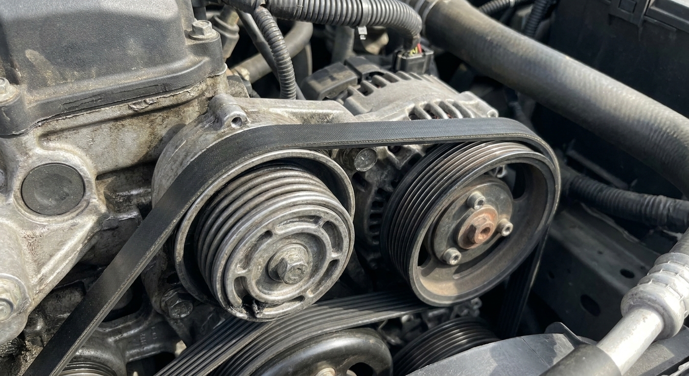 A serpentine belt routed over an accessory pulley and tensioner assembly inside an engine bay.